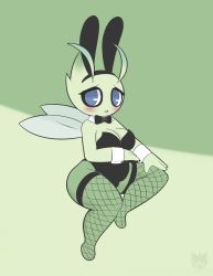 Rule 34 | 1girl, 2017, animal ears, antennae, artist name, black bow, black thighhighs, blue eyes, blush, bow, bowtie, breasts, bunnnysuit, celebi, cleavage, creatures (company), dated, detached collar, fairy wings, fake animal ears, female focus, fishnet thighhighs, fishnets, full body, furry, furry female, game freak, gen 2 pokemon, green background, half-closed eyes, highres, laranthrod, large breasts, legendary pokemon, leotard, looking away, looking to the side, mythical pokemon, nintendo, open mouth, personification, playboy bunny, pokemon, pokemon (creature), rabbit ears, simple background, sitting, solo, spread legs, text focus, thighhighs, two-tone background, watermark, wings, wrist cuffs