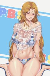 Rule 34 | 10s, 1girl, abs, absurdres, arm support, bare legs, barefoot, bikini, bikini under clothes, blush, breasts, brown hair, closed mouth, daidouji (senran kagura), front-tie top, frown, groin, hair intakes, halterneck, highres, large breasts, long hair, looking at viewer, mole, mole under eye, muscular, muscular female, navel, nose blush, off shoulder, red eyes, see-through, senran kagura, senran kagura peach beach splash, shigatsugata, shiny skin, shirt, short sleeves, sitting, solo, stomach, striped bikini, striped clothes, sweat, swimsuit, thick thighs, thigh gap, thighs, toned, very long hair, wariza, wet, wet clothes, wet shirt