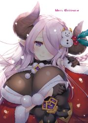 Rule 34 | 1girl, backlighting, blue eyes, blush, bodysuit, braid, breast hold, breasts, christmas, cleavage, coat, crown braid, draph, fur trim, gloves, granblue fantasy, graphite (medium), hair over one eye, head tilt, heart, heart-shaped pupils, highres, holly, horns, large breasts, light purple hair, long hair, narmaya (granblue fantasy), narmaya (holiday) (granblue fantasy), pointy ears, pom pom (clothes), shigunyan, simple background, smile, snowman hair ornament, solo, symbol-shaped pupils, traditional media, upper body, white background
