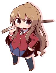 Rule 34 | 1girl, :&lt;, aisaka taiga, black ribbon, black thighhighs, blazer, blue skirt, blush, brown eyes, brown footwear, brown hair, chibi, closed mouth, collared shirt, commentary request, full body, hair between eyes, hand up, highres, holding, holding sword, holding weapon, jacket, long hair, long sleeves, looking at viewer, naga u, neck ribbon, pleated skirt, red jacket, ribbon, shadow, shirt, skirt, solo, standing, sword, thighhighs, toradora!, v-shaped eyebrows, very long hair, weapon, white background, white shirt, wooden sword