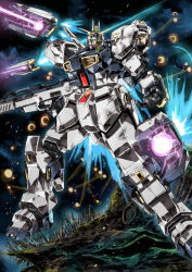 Rule 34 | absurdres, axis (gundam), bad id, bad pixiv id, char&#039;s counterattack, explosion, fin funnels, firing, floating, funnels (gundam), garimpeiro, glowing, glowing eyes, green eyes, gun, gundam, highres, holding, holding gun, holding weapon, looking up, mecha, mobile suit, no humans, nu gundam, open hand, robot, science fiction, solo, space, v-fin, weapon
