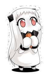 Rule 34 | 10s, 1girl, abyssal ship, carrot, commentary request, covered mouth, dress, horns, kantai collection, long hair, mittens, northern ocean princess, red eyes, simple background, solo, sweat, sweatdrop, trembling, white background, white hair, yamato nadeshiko