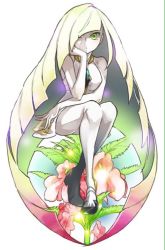 Rule 34 | 1girl, bare arms, blonde hair, blunt bangs, creatures (company), dress, empty eyes, emussan, flower, game freak, gem, green eyes, hair over one eye, knees together feet apart, leaf, leggings, long hair, looking at viewer, lusamine (pokemon), mature female, nintendo, one eye closed, pokemon, pokemon sm, shoes, short dress, simple background, sitting, solo, toeless footwear, very long hair, white background