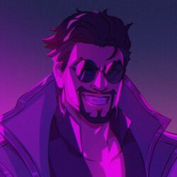 Rule 34 | 1boy, beard, black background, collarbone, draven, facial hair, gatopescado3, gradient background, grin, jacket, league of legends, looking at viewer, male focus, mustache, pink background, portrait, round eyewear, short hair, smile, solo, sunglasses, teeth