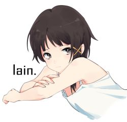 Rule 34 | 1girl, asymmetrical hair, brown eyes, brown hair, character name, copyright name, dress, hair ornament, hairclip, hand on own arm, iwakura lain, looking at viewer, quail0503, serial experiments lain, short hair, simple background, single sidelock, sleeveless, solo, upper body, white dress