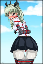 Rule 34 | 10s, 1girl, anchovy (girls und panzer), arms behind back, ball gag, bdsm, blush, bondage, bondage mittens, bound, bound arms, bound legs, brown eyes, cyber (cyber knight), drill hair, gag, gagged, girls und panzer, green hair, harness, long hair, necktie, pantyhose, solo, twin drills, twintails
