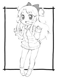 Rule 34 | 1girl, :3, bare legs, blush, bow, commentary request, framed, full body, greyscale, hair bow, hair ornament, hands up, himesaka noa, jacket, long hair, long sleeves, looking at viewer, monochrome, open mouth, outside border, ponytail, shirt, simple background, smile, socks, solo, standing, thick eyebrows, track jacket, track suit, watashi ni tenshi ga maiorita!, white background, zubatto (makoto)