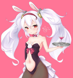 Rule 34 | 1girl, animal ears, azur lane, bare shoulders, black leotard, black pantyhose, blush, bow, bowtie, breasts, collar, collarbone, commentary request, cup, detached collar, drinking glass, fake animal ears, hair between eyes, hair ornament, hairband, holding, holding tray, laffey (azur lane), leotard, long hair, medium breasts, navel, panties, pantyhose, parted lips, pink background, pink bow, pink bowtie, playboy bunny, rabbit ears, rabbit girl, red eyes, red hairband, shiruko (27anko), silver hair, simple background, solo, strapless, strapless leotard, tray, twintails, underwear, very long hair, white collar