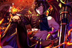 Rule 34 | 1boy, abs, armpits, asymmetrical clothes, bare shoulders, belt, black footwear, black hair, black legwear, boots, commentary request, fate/grand order, fate (series), fire, gatling gun, grin, hair over one eye, hat, high collar, knee boots, long hair, looking at viewer, male focus, march ab, muscular, navel, oda kippoushi (fate), oda nobunaga (fate), oda nobunaga (koha-ace), oda uri, ponytail, red eyes, smile, smirk, solo, stomach