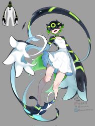 Rule 34 | 1girl, 1other, alien, barefoot, ben 10, black hair, borrowed design, choker, commentary request, corrupted twitter file, dissolving, dress, flat chest, green choker, green hair, grey background, highres, humanization, large hands, multicolored hair, one-eyed, open mouth, pointy ears, short hair, twitter username, upgrade (ben 10), white dress, wide hips, youzaiyouzai112