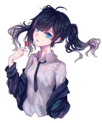 Rule 34 | 1girl, ahoge, artist name, black hair, black jacket, black necktie, blue eyes, breasts, candy, collared shirt, commentary, cropped torso, dress shirt, ear piercing, earrings, english commentary, food, grey hair, holding, holding candy, holding food, holding lollipop, jacket, jewelry, kobutanori, lollipop, long hair, long sleeves, looking at viewer, necktie, off shoulder, open clothes, open jacket, original, parted lips, piercing, shirt, simple background, small breasts, solo, stud earrings, transparent background, twintails, upper body, white background, white shirt
