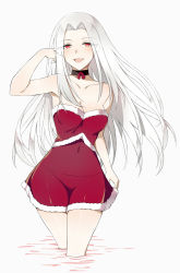 Rule 34 | 1girl, :d, aemu (august life), arm up, armpits, breasts, choker, cleavage, fate/zero, fate (series), highres, irisviel von einzbern, long hair, looking at viewer, navel, open mouth, panties, red eyes, santa costume, see-through, silver hair, simple background, smile, solo, underwear, very long hair, white background