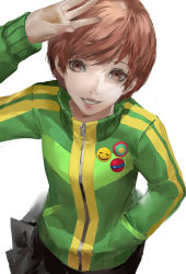 Rule 34 | 1girl, arm up, blazpu, breasts, brown eyes, brown hair, clenched hands, closed mouth, green jacket, hand in pocket, hands up, high collar, highres, jacket, lips, looking at viewer, medium breasts, multiple views, open mouth, persona, persona 4, satonaka chie, shaded face, shadow, short hair, simple background, smile, swept bangs, track jacket, upper body, white background, zipper