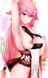 Rule 34 | 1girl, animal ears, arm up, armpits, bare shoulders, breast slip, breasts, closed mouth, collarbone, cowboy shot, day, fox ears, genshin impact, groin, hair between eyes, hair ornament, hand up, highres, large breasts, long hair, looking afar, low-tied long hair, nipples, no panties, nontraditional miko, obi, one breast out, outdoors, pink hair, purple eyes, sash, shibanme tekikumo, sleeveless, smile, solo, stairs, turtleneck, yae miko
