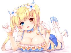 Rule 34 | 1girl, bare shoulders, bed sheet, blonde hair, blue eyes, blue footwear, blue shirt, blue skirt, blush, breasts, character request, cleavage, commentary request, flower, full body, gloves, hair flower, hair ornament, hands up, head tilt, heterochromia, large breasts, long hair, looking at viewer, lying, on stomach, open beta (vtuber), open mouth, platform footwear, pleated skirt, red eyes, shirt, skirt, sleeveless, sleeveless shirt, solo, thighhighs, twintails, very long hair, virtual youtuber, white flower, white gloves, white thighhighs, yuku (kiollion)
