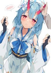 Rule 34 | 1boy, 1girl, black gloves, blue archive, blue bow, blue hair, blush, bow, breasts, chise (blue archive), commentary request, detached sleeves, flower, gloves, hair between eyes, hair flower, hair ornament, half-closed eyes, halo, highres, horn fondling, horns, long hair, long sleeves, looking at viewer, medium breasts, obi, oni, oni horns, out of frame, parted lips, partially fingerless gloves, pleated skirt, red eyes, sash, shirt, simple background, skirt, sleeveless, sleeveless shirt, solo focus, spoken blush, sweat, unacchi (nyusankin), white background, white flower, white shirt, white skirt, white sleeves, wide sleeves