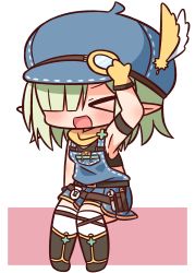Rule 34 | &gt; &lt;, 1girl, :d, aoi (mechanic) (princess connect!), aoi (princess connect!), arm up, armpits, bare shoulders, black footwear, black tank top, blue hat, blush, boots, cabbie hat, chibi, closed eyes, facing viewer, feathers, full body, gloves, green hair, hair over one eye, hana kazari, hat, hat feather, highres, open mouth, overall skirt, pink background, pointy ears, princess connect!, sitting, smile, solo, tank top, thighhighs, thighhighs under boots, two-tone background, white background, white feathers, white thighhighs, xd, yellow feathers, yellow gloves