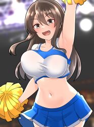 Rule 34 | 1girl, :d, arm up, armpits, ashigara (kancolle), blue skirt, blurry, blurry background, blush, bouncing breasts, breasts, brown eyes, brown hair, cheerleader, collarbone, commentary request, crop top, fang, furaggu (frag 0416), hair between eyes, highres, holding, holding pom poms, kantai collection, long hair, medium breasts, navel, open mouth, pleated skirt, pom pom (cheerleading), pom poms, sidelocks, skirt, smile, solo, standing