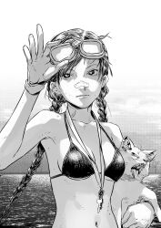 1girl absurdres animal bandaid bandaid_on_face bandaid_on_forehead bandaid_on_neck bandaid_on_nose bikini black_bikini bouken_erekite-tou braided_twintails cat commentary gloves goggles goggles_on_head greyscale highres holding holding_animal holding_cat jewelry key key_necklace long_hair mikura_mikura monochrome navel necklace swimsuit white_cat white_gloves yuzhou_gou_ren_wang