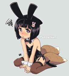 Rule 34 | 1girl, 2023, :t, animal ears, bare shoulders, between legs, black bow, black bowtie, black footwear, black hair, black leotard, blush, bow, bowtie, brown eyes, brown thighhighs, chinese zodiac, closed mouth, collar, commentary request, detached collar, fake animal ears, fox ears, fox girl, fox tail, full body, grey background, groin, hair ornament, hand between legs, high heels, kitsune, kukuri (mawaru), leotard, mawaru (mawaru), original, pout, rabbit ears, rabbit hair ornament, shoes, simple background, sitting, solo, squiggle, strapless, strapless leotard, tail, thighhighs, v-shaped eyebrows, wariza, white collar, wing collar, wrist cuffs, year of the rabbit