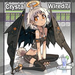 Rule 34 | 1girl, animal ears, black gloves, black thighhighs, black wings, breasts, cleavage, cup, dog tags, drinking glass, drinking straw, ear piercing, earrings, facial mark, fake halo, fingerless gloves, gloves, halo, jewelry, looking at viewer, mechanical wings, medium breasts, midriff, nancou (nankou), navel, original, piercing, short hair, shorts, sitting, solo, tail, tank top, tattoo, thighhighs, wariza, white hair, wings, yellow eyes
