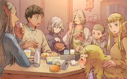 Rule 34 | 3boys, 4girls, :q, aran sweater, beer can, bento, black hair, blonde hair, blue eyes, blue sweater, bookshelf, bowl, braid, brown sweater, cable knit, can, choko (cup), chopsticks, cithis, clock, closed eyes, clothes writing, cup, drink can, drinking, drunk, dungeon meshi, eating, egg (food), facing viewer, fleki, food, fried egg, fruit, grey hair, hair over shoulder, half updo, happy, head on table, highres, holding, holding bowl, holding chopsticks, hood, hood down, hoodie, indoors, kabru, kotatsu, long hair, looking at another, looking down, looking to the side, lycion, mandarin orange, mithrun, multiple boys, multiple girls, nail polish, notched ear, one eye closed, otta (dungeon meshi), outstretched arm, pattadol, picture frame, pointy ears, ribbed sweater, short hair, smile, sweater, swept bangs, table, talking, themed object, tokkuri, tongue, tongue out, worried