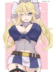 Rule 34 | 1girl, arms behind head, arms up, blonde hair, blue eyes, border, breasts, commentary request, cowboy shot, elbow gloves, fingerless gloves, front-tie top, garter straps, gloves, highres, iowa (kancolle), kantai collection, kozu (bloomme1 me), large breasts, looking at viewer, miniskirt, one eye closed, pink background, skirt, smile, solo, star-shaped pupils, star (symbol), striped clothes, striped thighhighs, symbol-shaped pupils, thighhighs, two-tone background, vertical-striped clothes, vertical-striped thighhighs, white border