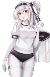 Rule 34 | 1girl, absurdres, beisaku bei, black buruma, black hairband, blush, breasts, buruma, commentary request, cowboy shot, elbow gloves, gloves, grey eyes, hair ornament, hairband, highres, kantai collection, large breasts, looking at viewer, open mouth, pantyhose, shirt, side ponytail, simple background, solo, suzutsuki (kancolle), thighband pantyhose, thighs, white background, white gloves, white hair, white pantyhose, white shirt