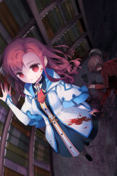 Rule 34 | 2girls, arm up, blank eyes, blazer, bleeding, blood, book, bookshelf, brooch, brown hair, dress, dress shirt, empty eyes, expressionless, flashlight, frills, hair ornament, hairpin, ieban, injury, jacket, jewelry, long hair, lowres, lucca (sword girls), lying, multiple girls, on stomach, outstretched arm, outstretched hand, parted bangs, pot, red eyes, red hair, school uniform, shaded face, shirt, short hair, sword girls, vernika answer, walking, wavy hair