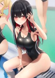 Rule 34 | 3girls, absurdres, amane sora, arm support, ass, between legs, black hair, black one-piece swimsuit, blonde hair, blurry, blurry background, blush, breasts, cleavage, closed mouth, colored inner hair, commentary request, competition swimsuit, covered navel, drain (object), hair between eyes, tucking hair, hand between legs, heart, heart-shaped pupils, highleg, highleg swimsuit, highres, large breasts, long hair, looking at viewer, mole, mole under mouth, multicolored hair, multiple girls, one-piece swimsuit, original, outdoors, pink hair, poolside, red eyes, red hair, sitting, soaking feet, solo focus, swimsuit, symbol-shaped pupils, two-tone hair, very long hair, water, wet, wet clothes, wet swimsuit
