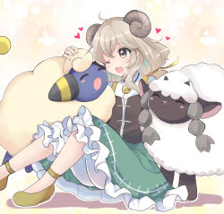 Rule 34 | 1girl, ;d, bell, breasts, brown vest, commentary request, creatures (company), fluffy, frilled skirt, frills, game freak, gen 2 pokemon, gen 8 pokemon, gensou shoujo taisen, green skirt, headpat, heart, highres, horns, long hair, long sleeves, low ponytail, mareep, meeko (gensou shoujo taisen), neck bell, nintendo, one eye closed, open mouth, ougi hina, platinum blonde hair, pokemon, pokemon (creature), ribbon, sheep, sheep horns, shirt, skirt, small breasts, smile, spoken heart, touhou, trait connection, vest, white shirt, white skirt, wool, wooloo, yellow eyes, yellow footwear, yellow ribbon