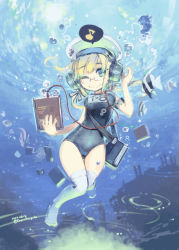 Rule 34 | 10s, 1girl, blonde hair, blue eyes, book, breasts, fish, glasses, hand on headphones, hat, headphones, highres, i-8 (kancolle), kantai collection, konno takashi (frontier pub), long hair, looking at viewer, musical note, one-piece swimsuit, one eye closed, quaver, red-framed eyewear, school swimsuit, smile, solo, swimsuit, thighhighs, twintails, underwater, white thighhighs