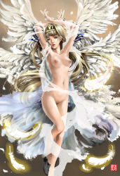 Rule 34 | 1girl, alicia (valkyrie profile 2), armpits, arms up, blonde hair, blue eyes, breasts, chushengdao, feathered wings, long hair, navel, nipples, nude, small breasts, solo, valkyrie profile (series), valkyrie profile 2: silmeria, very long hair, wings