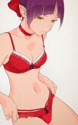 Rule 34 | 1girl, adjusting clothes, adjusting panties, akagi (fmttps), artist name, bad id, bad pixiv id, bow, bra, breasts, choker, cleavage, closed mouth, collarbone, fingernails, gegege no kitarou, hair bow, highres, lingerie, looking down, navel, nekomusume, nekomusume (gegege no kitarou 6), panties, pointy ears, purple hair, red bow, red bra, red choker, red panties, ribbon bra, ribbon panties, short hair, simple background, small breasts, solo, underwear, underwear only, yellow eyes