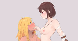 Rule 34 | 2girls, bandaged arm, bandages, blonde hair, blush, braid, breasts, brown hair, collarbone, dark-skinned female, dark skin, drooling, earrings, eye contact, female focus, finger in another&#039;s mouth, green eyes, grey background, hair tie, highres, jewelry, licking, long hair, looking at another, medium breasts, multiple girls, necklace, nude, original, portrait, red eyes, saliva, short hair, simple background, smile, star-kiss, tongue, tongue out, upper body, yuri