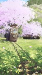 Rule 34 | abandoned, cherry blossoms, day, falling petals, grass, highres, original, outdoors, overgrown, petals, pochi (poti1990), railroad tracks, scenery, streetcar, tree