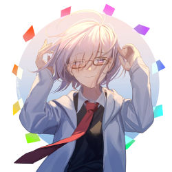 Rule 34 | 1girl, black shirt, eyes visible through hair, fate/grand order, fate (series), floating hair, glasses, hair between eyes, han shi reina, highres, hood, hood down, hooded jacket, jacket, looking at viewer, mash kyrielight, necktie, open clothes, open jacket, purple eyes, red-framed eyewear, red necktie, shirt, short hair, silver hair, smile, solo, upper body, white background, white jacket, wing collar