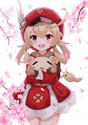 Rule 34 | 1girl, :d, = =, absurdres, ahoge, blonde hair, blush stickers, brown gloves, cabbie hat, charm (object), cherry blossoms, clover, commentary request, cowboy shot, crossed arms, falling petals, four-leaf clover, genshin impact, gloves, hat, highres, holding, jacket, klee (genshin impact), lankuchashuangjielong, long sleeves, looking at viewer, medium hair, open mouth, petals, pointy ears, red eyes, red hat, red jacket, sidelocks, simple background, skirt, smile, solo, standing, teeth, upper teeth only, white background, white skirt