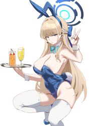 Rule 34 | 1girl, absurdres, alcohol, animal ears, aqua bow, aqua bowtie, areola slip, bare shoulders, blonde hair, blue archive, blue leotard, bow, bowtie, breasts, cleavage, commentary request, cup, detached collar, drinking glass, fake animal ears, fake tail, halo, highres, holding, holding tray, horin, large breasts, leotard, long hair, looking at viewer, playboy bunny, rabbit ears, rabbit tail, solo, squatting, strapless, strapless leotard, tail, thighhighs, toki (blue archive), toki (bunny) (blue archive), tray, v, white thighhighs