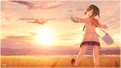 Rule 34 | 1girl, :o, adapted costume, aircraft, airplane, blue skirt, brown eyes, brown hair, brown legwear, cardigan, commentary request, dated, gloves, hat, i-401 (kancolle), kantai collection, key kun, long sleeves, open mouth, outstretched arms, peaked cap, pleated skirt, ponytail, sailor collar, short hair, signature, skirt, sky, solo, sunset, vehicle request, white gloves, white legwear