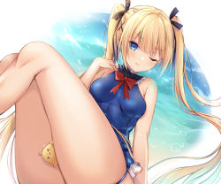 Rule 34 | 1girl, 1other, azur lane, bare shoulders, black ribbon, blonde hair, blue eyes, blue one-piece swimsuit, breasts, dead or alive, eyes visible through hair, frills, hair ornament, hair ribbon, hand on shoulder, highres, kiri celea, knees up, legs together, leotard, long hair, looking at viewer, manjuu (azur lane), marie rose, medium breasts, one-piece swimsuit, one eye closed, ribbon, simple background, sitting, smile, swimsuit, thighs, tongue, tongue out, twintails, very long hair, water, x hair ornament