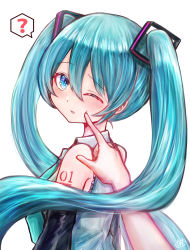 Rule 34 | 1girl, ?, absurdres, aqua eyes, aqua hair, bare shoulders, breasts, cheek poking, from side, hair between eyes, hatsune miku, highres, long hair, looking at viewer, looking to the side, one eye closed, pasumaro, poking, shirt, simple background, sleeveless, sleeveless shirt, small breasts, solo, spoken question mark, tattoo, twintails, upper body, very long hair, vocaloid, white background