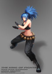 Rule 34 | 1girl, belt, black gloves, blue eyes, blue hair, boots, breasts, cargo pants, cleavage, combat boots, crop top, cross-laced footwear, earrings, emmental void, fighting stance, full body, gas can, gloves, highres, jewelry, lace-up boots, large breasts, leona heidern, lips, long hair, matching hair/eyes, navel, nose, pants, parted lips, ponytail, sidelocks, narrow waist, solo, tank top, the king of fighters, the king of fighters xiii, watermark, web address