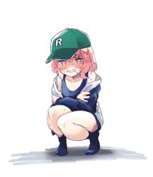 Rule 34 | 1girl, @ @, bare shoulders, baseball cap, black socks, blue one-piece swimsuit, blush, clenched teeth, collarbone, commentary request, crossed arms, full body, green hat, hat, highres, jacket, long sleeves, looking at viewer, nijisanji, no shoes, nose blush, off shoulder, one-piece swimsuit, open clothes, open jacket, pink hair, red eyes, sasaki saku, shadow, sleeves past wrists, socks, solo, soranakidayo, squatting, sweat, swimsuit, swimsuit under clothes, teeth, virtual youtuber, white background, white jacket