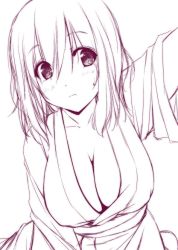 Rule 34 | 1girl, breasts, cleavage, closed mouth, collarbone, eyebrows, frown, head tilt, japanese clothes, kimono, large breasts, leaning forward, looking at viewer, monochrome, nori tamago, outstretched arm, pink theme, reaching, reaching towards viewer, saigyouji yuyuko, sailor collar, sash, selfie, short hair, short sleeves, simple background, sitting, sketch, solo, sweatdrop, tareme, touhou, wariza, white background