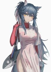 Rule 34 | 1girl, animal ears, arknights, arm at side, bag, black hair, collared dress, cowboy shot, dress, elbow gloves, gloves, grab pigeon, handbag, highres, long hair, looking at viewer, pelvic curtain, ponytail, red gloves, red shirt, see-through, see-through dress, shark, shirt, short sleeves, side slit, simple background, solo, tail, texas (arknights), turtleneck, turtleneck shirt, white background, white dress, wolf ears, wolf girl, wolf tail, yellow eyes