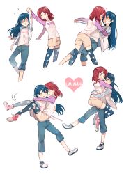 Rule 34 | 2girls, :d, ?, ??, @ @, arm up, blue hair, blush, carrying, character name, collarbone, cropped legs, dancing, denim, dizzy, double vertical stripe, eyelashes, full body, heart, holding hands, hug, jacket, jeans, kuma (bloodycolor), leg up, long hair, love live!, love live! school idol project, multiple girls, multiple views, nishikino maki, no socks, open clothes, open jacket, open mouth, outstretched arm, pants, princess carry, print legwear, purple eyes, raglan sleeves, red footwear, red hair, shirt, short hair, shorts, simple background, smile, sonoda umi, standing, standing on one leg, star (symbol), star print, t-shirt, thighhighs, white background, white footwear, white shirt, yellow shorts, yuri