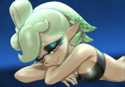 Rule 34 | + +, 1girl, bare arms, bare shoulders, blue background, breasts, cleavage, closed mouth, crossed arms, domino mask, from side, green hair, half-closed eyes, highres, koharu2.5, looking at viewer, lying, marie (splatoon), mask, medium breasts, mole, mole under eye, nintendo, on stomach, pointy ears, short hair, simple background, skin tight, smile, solo, splatoon (series), strapless, tentacle hair, thick thighs, thighs, tube top, upper body, yellow eyes