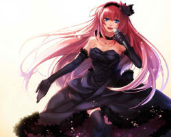 Rule 34 | 1girl, alternate costume, bad id, bad pixiv id, bare shoulders, black dress, black flower, black gloves, black rose, black thighhighs, blue eyes, breasts, bxyzic, choker, cleavage, dress, elbow gloves, female focus, flower, gloves, gradient background, hair flower, hair ornament, hairband, holding, holding microphone, long hair, looking at viewer, megurine luka, microphone, music, open mouth, pink hair, rose, round teeth, singing, smile, solo, strapless, strapless dress, teeth, thighhighs, very long hair, vocaloid, white background, zettai ryouiki