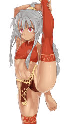 Rule 34 | 1girl, abs, armpits, bare shoulders, braid, breasts, crop top, dark-skinned female, dark skin, female focus, flat chest, flexible, grey hair, highres, leg up, legs, midriff, navel, original, orochi itto, red eyes, sidelocks, single braid, sketch, small breasts, solo, split, standing, standing on one leg, stomach, stretching, thighhighs, toned